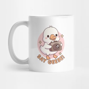 Cute Baby Goose With Camera Say Geese Funny Pun Mug